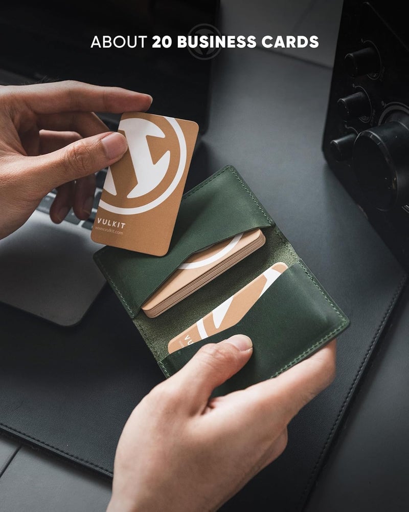 VULKIT حامل بطاقات العمل من الجلد الأصلي مزدوج الجوانب نحيف منظم بطاقات الاسم للرجال أو النساء، يحمل حتى 20 بطاقة (أخضر أصلي) - Image 4